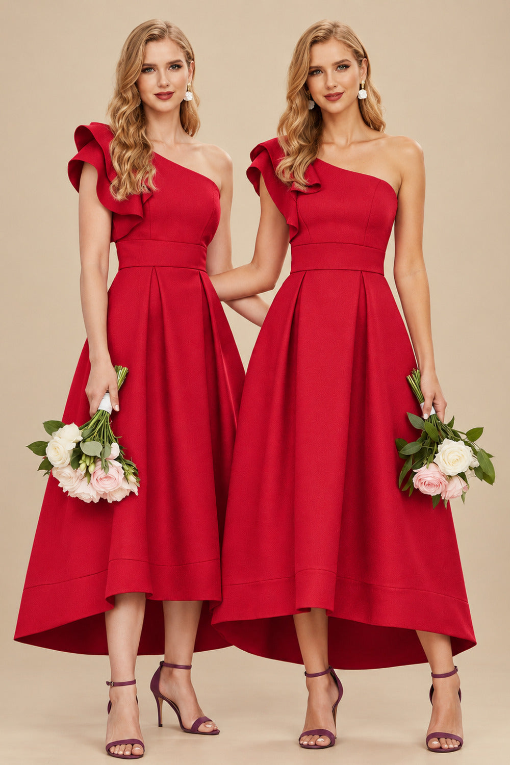 Rutipo Red A-Line One-Shoulder Sleeveless Asymmetrical Satin Bridesmaid Dresses With Pockets