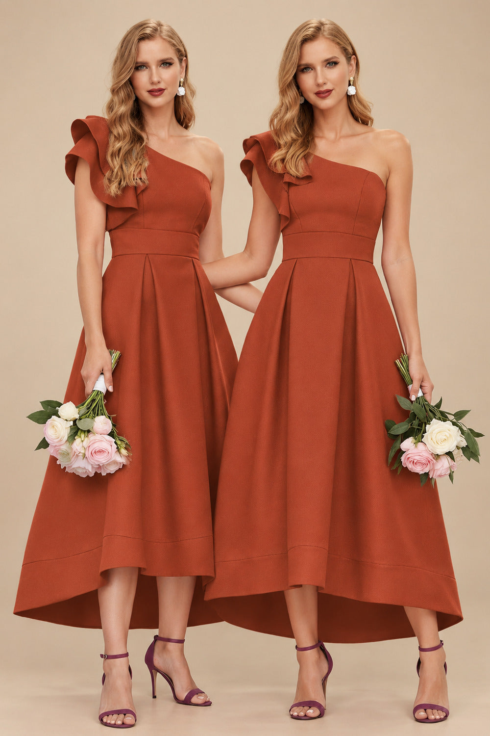 Rutipo Terracotta A-Line One-Shoulder Sleeveless Asymmetrical Satin Bridesmaid Dresses With Pockets