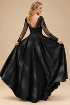 Rutipo Black Ball-Gown V-Neck Satin Lace Floor-Length Evening Dresses With Appliques Lace Beading