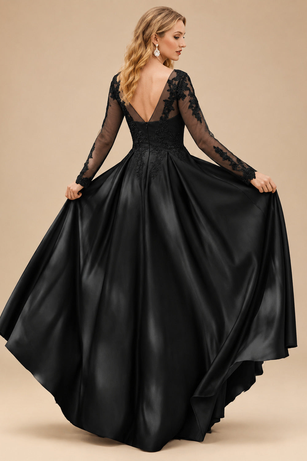 Rutipo Black Ball-Gown V-Neck Satin Lace Floor-Length Evening Dresses With Appliques Lace Beading