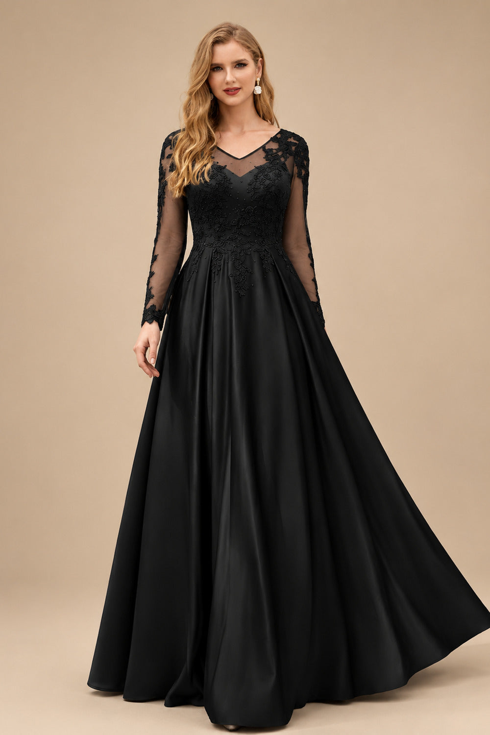 Rutipo Black Ball-Gown V-Neck Satin Lace Floor-Length Evening Dresses With Appliques Lace Beading
