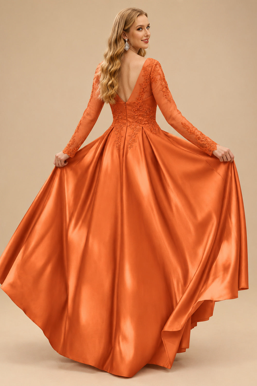 Rutipo Burnt Orange Ball-Gown V-Neck Satin Lace Floor-Length Evening Dresses With Appliques Lace Beading