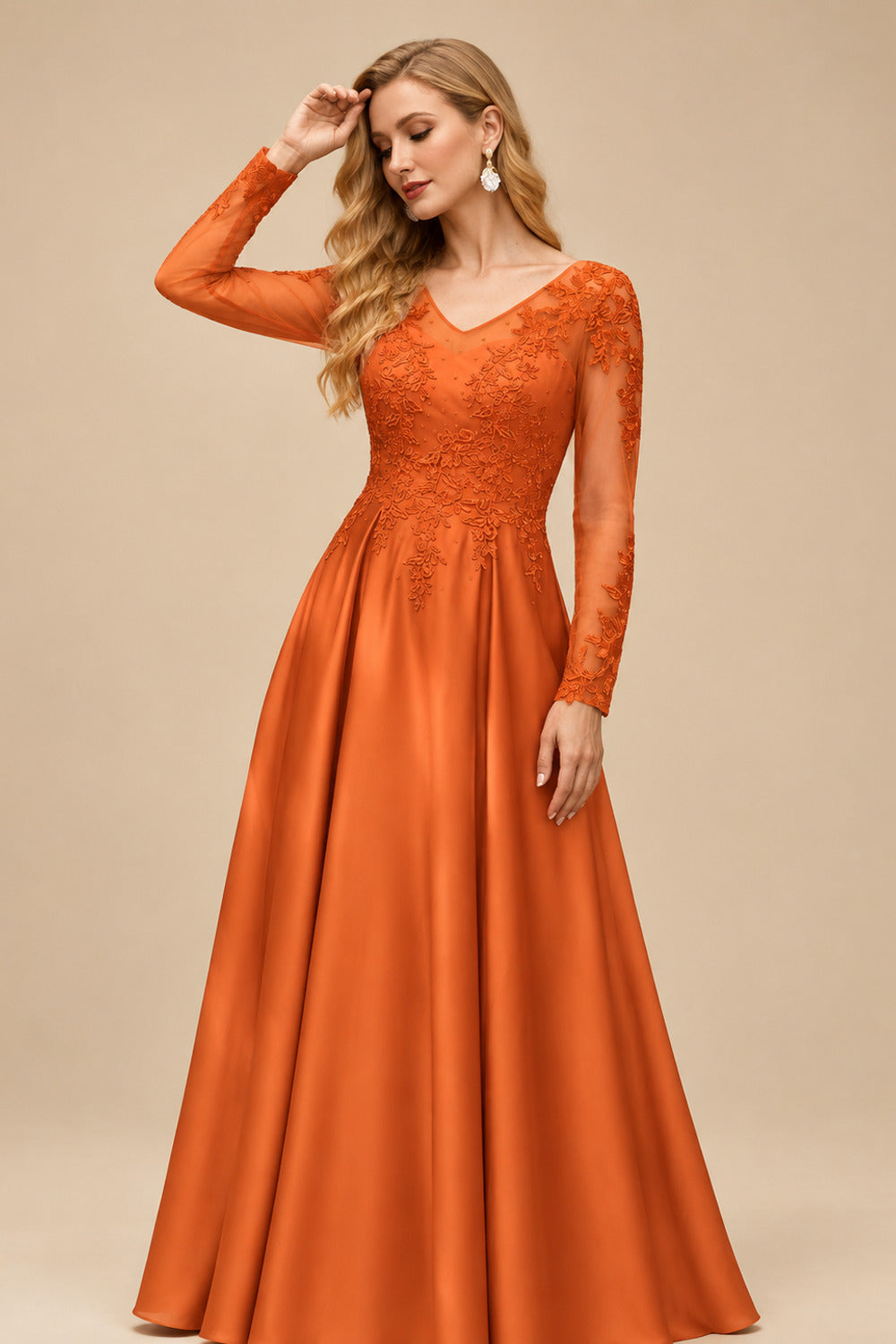 Rutipo Burnt Orange Ball-Gown V-Neck Satin Lace Floor-Length Evening Dresses With Appliques Lace Beading