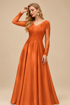 Rutipo Burnt Orange Ball-Gown V-Neck Satin Lace Floor-Length Evening Dresses With Appliques Lace Beading