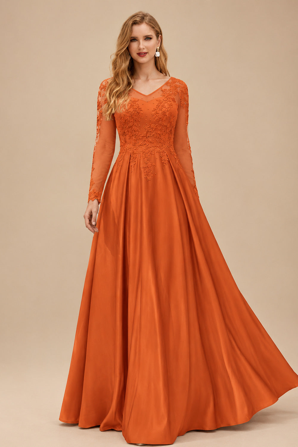 Rutipo Burnt Orange Ball-Gown V-Neck Satin Lace Floor-Length Evening Dresses With Appliques Lace Beading