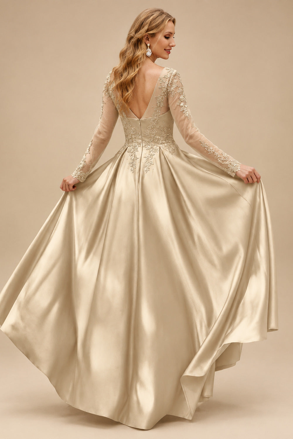 Rutipo Champagne Ball-Gown V-Neck Satin Lace Floor-Length Evening Dresses With Appliques Lace Beading