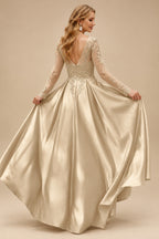 Rutipo Champagne Ball-Gown V-Neck Satin Lace Floor-Length Evening Dresses With Appliques Lace Beading