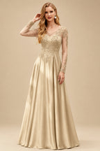 Rutipo Champagne Ball-Gown V-Neck Satin Lace Floor-Length Evening Dresses With Appliques Lace Beading