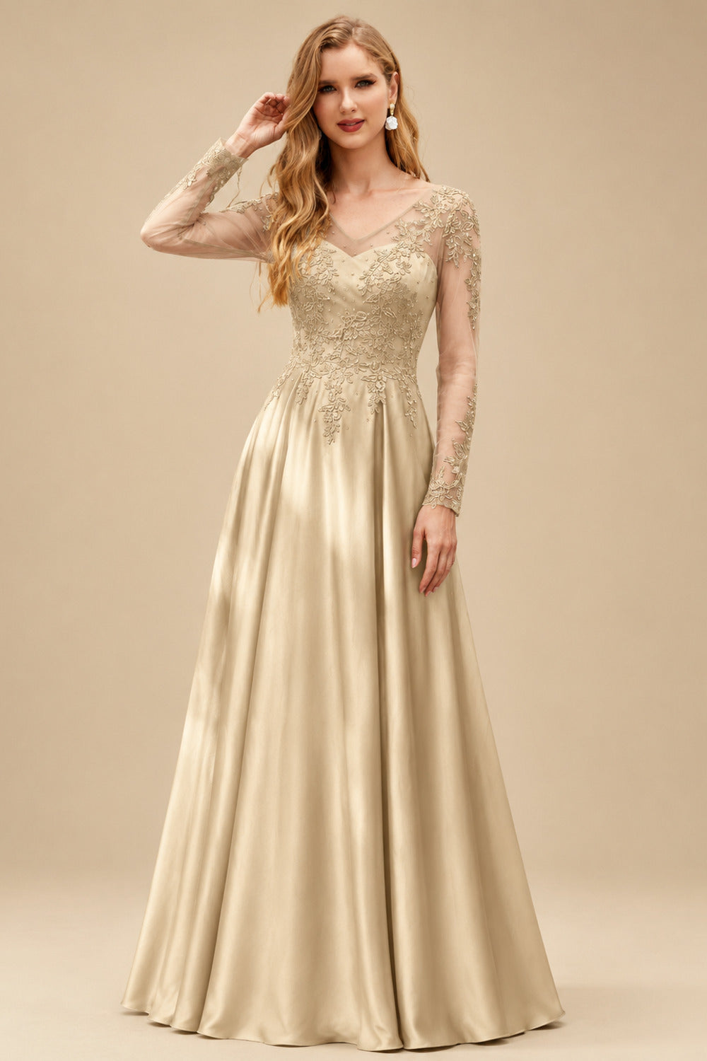 Rutipo Champagne Ball-Gown V-Neck Satin Lace Floor-Length Evening Dresses With Appliques Lace Beading