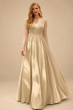 Rutipo Champagne Ball-Gown V-Neck Satin Lace Floor-Length Evening Dresses With Appliques Lace Beading