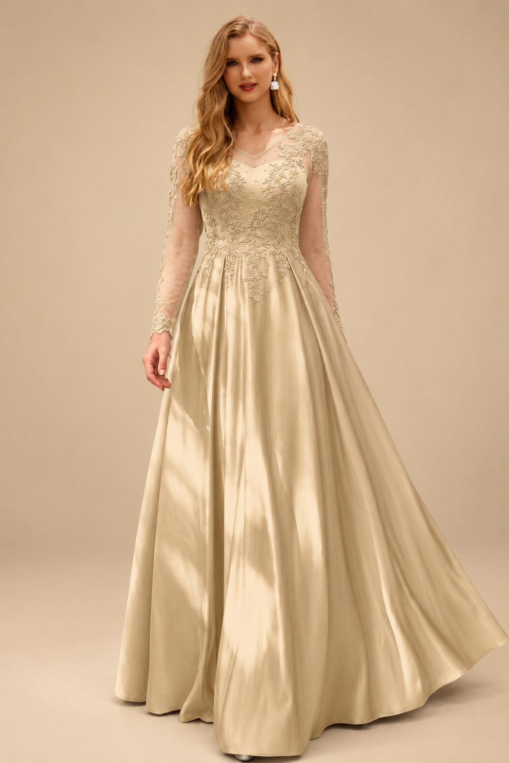 Rutipo Champagne Ball-Gown V-Neck Satin Lace Floor-Length Evening Dresses With Appliques Lace Beading