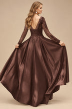 Rutipo Chocolate Ball-Gown V-Neck Satin Lace Floor-Length Evening Dresses With Appliques Lace Beading