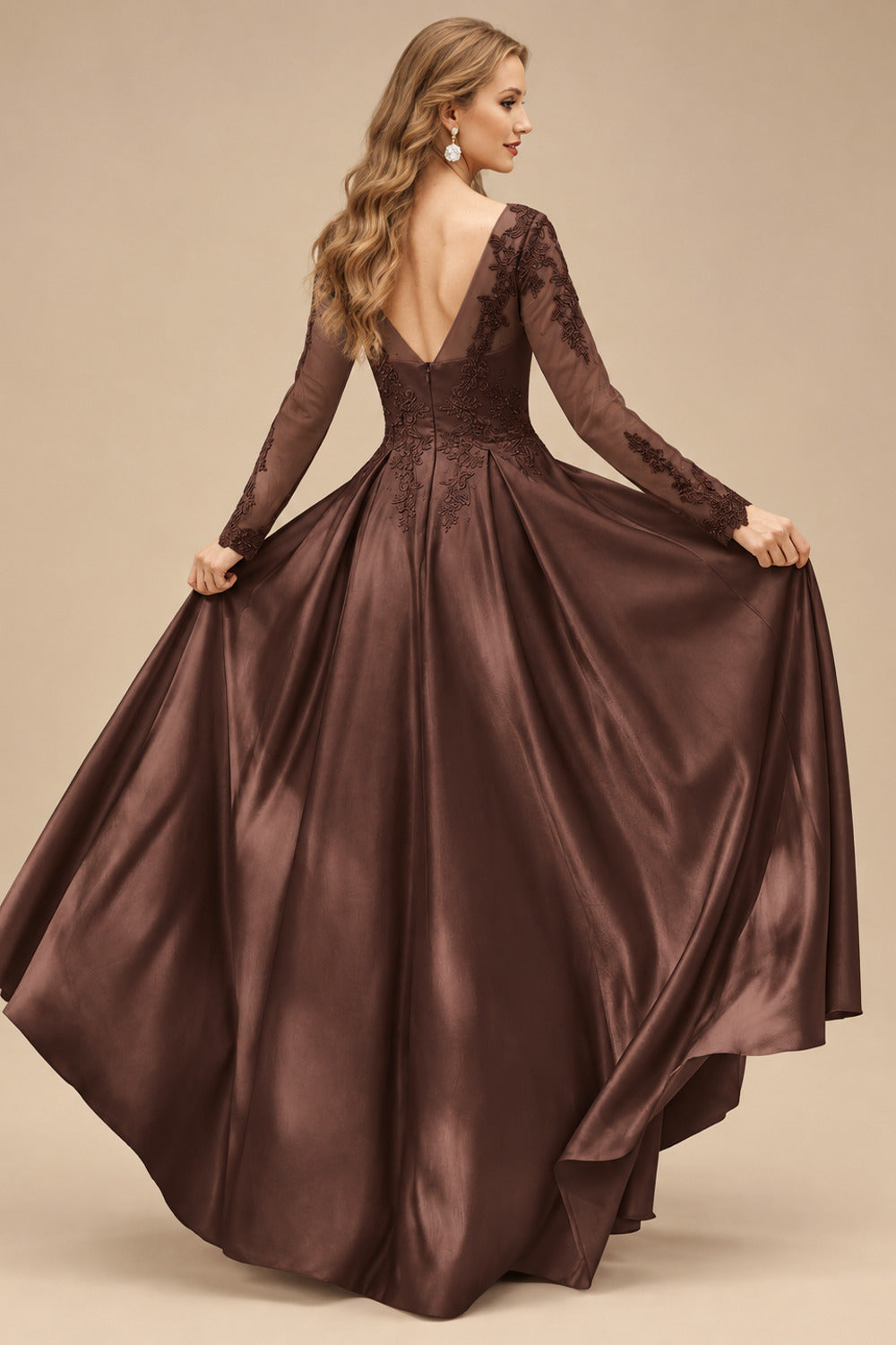 Rutipo Chocolate Ball-Gown V-Neck Satin Lace Floor-Length Evening Dresses With Appliques Lace Beading
