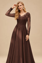 Rutipo Chocolate Ball-Gown V-Neck Satin Lace Floor-Length Evening Dresses With Appliques Lace Beading