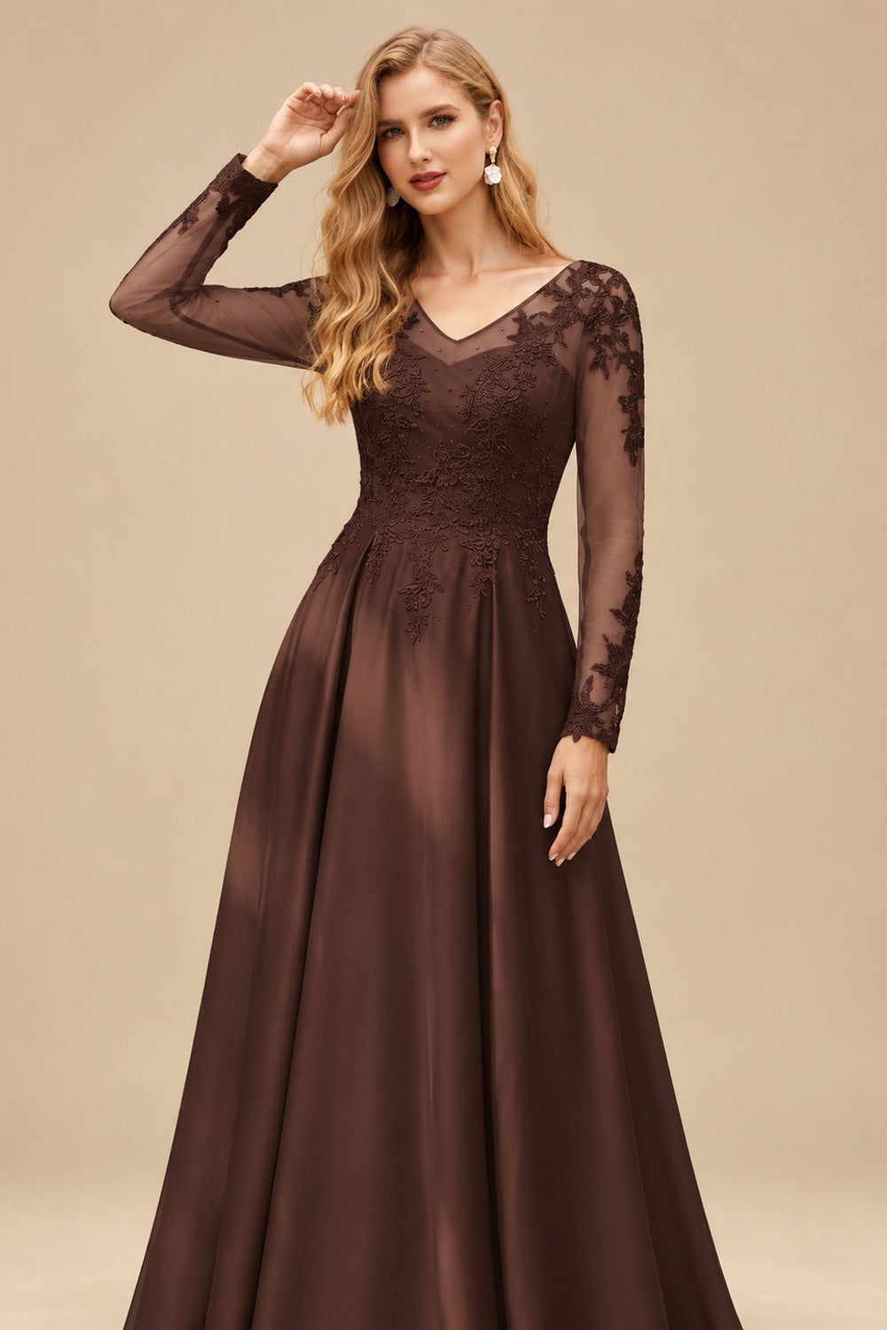 Rutipo Chocolate Ball-Gown V-Neck Satin Lace Floor-Length Evening Dresses With Appliques Lace Beading