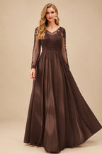 Rutipo Chocolate Ball-Gown V-Neck Satin Lace Floor-Length Evening Dresses With Appliques Lace Beading