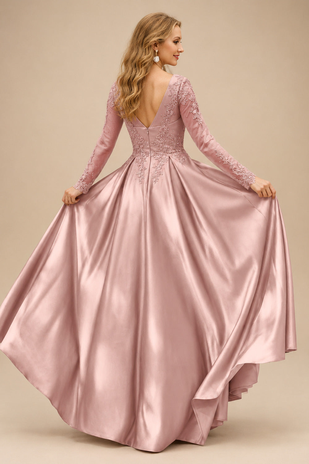 Rutipo Dusty Rose Ball-Gown V-Neck Satin Lace Floor-Length Evening Dresses With Appliques Lace Beading
