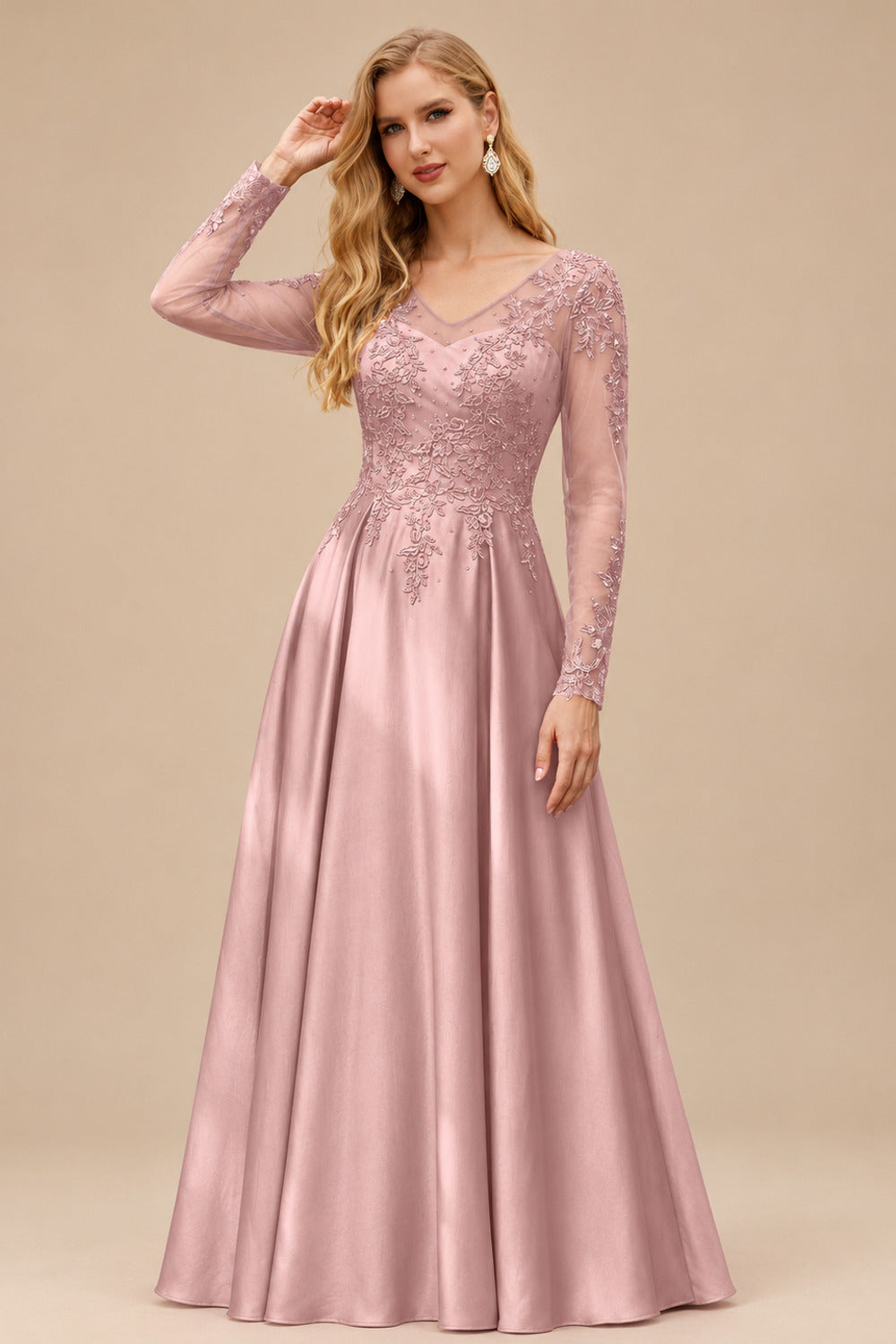 Rutipo Dusty Rose Ball-Gown V-Neck Satin Lace Floor-Length Evening Dresses With Appliques Lace Beading