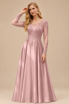 Rutipo Dusty Rose Ball-Gown V-Neck Satin Lace Floor-Length Evening Dresses With Appliques Lace Beading
