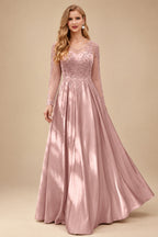 Rutipo Dusty Rose Ball-Gown V-Neck Satin Lace Floor-Length Evening Dresses With Appliques Lace Beading