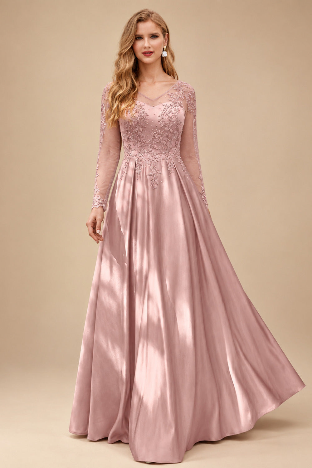 Rutipo Dusty Rose Ball-Gown V-Neck Satin Lace Floor-Length Evening Dresses With Appliques Lace Beading