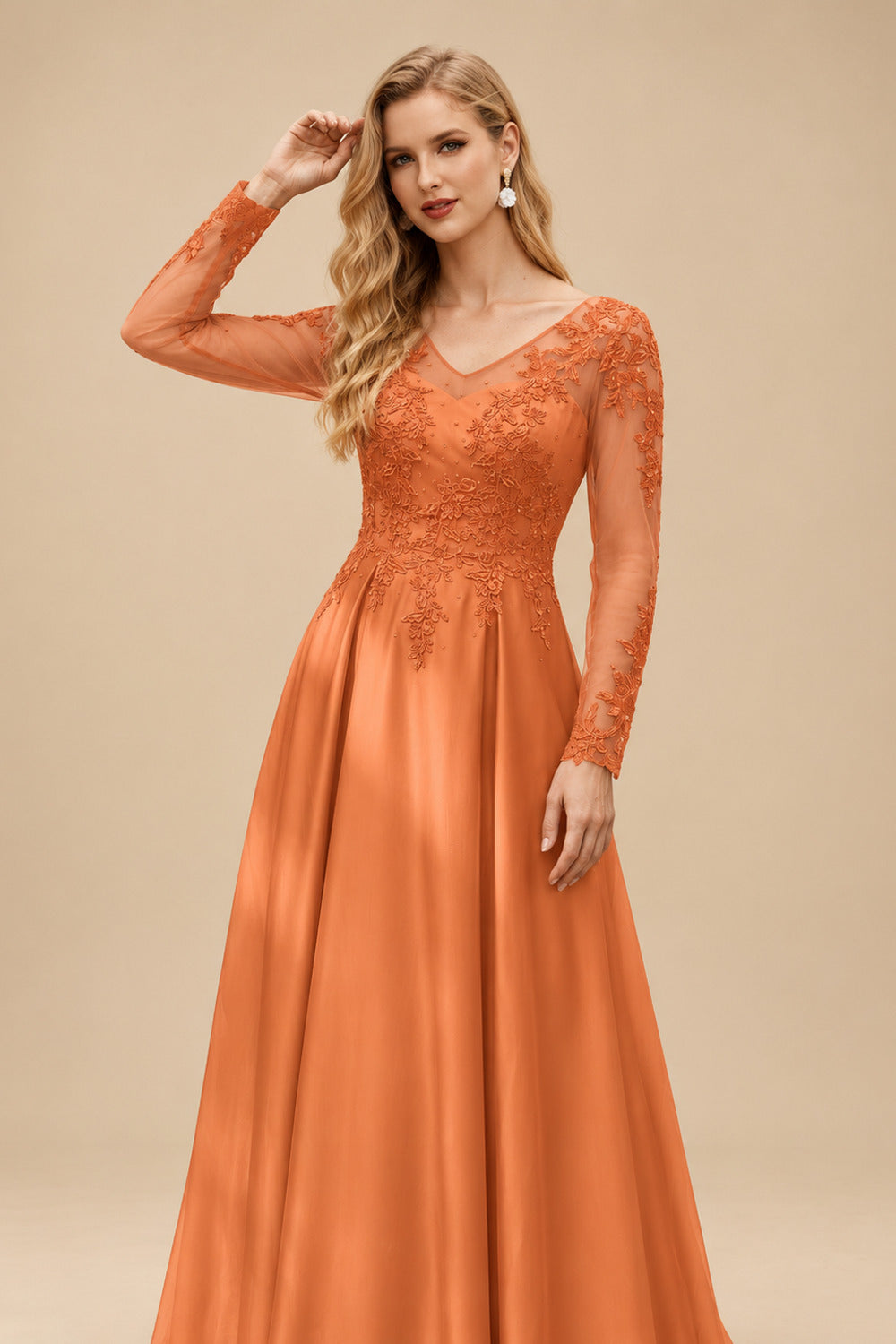Rutipo Orange Ball-Gown V-Neck Satin Lace Floor-Length Evening Dresses With Appliques Lace Beading