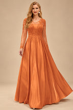 Rutipo Orange Ball-Gown V-Neck Satin Lace Floor-Length Evening Dresses With Appliques Lace Beading