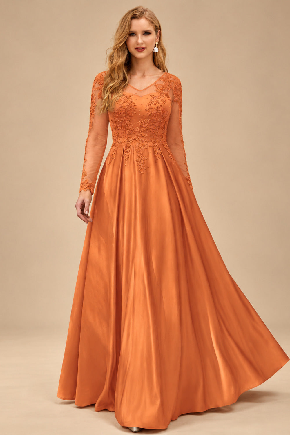 Rutipo Orange Ball-Gown V-Neck Satin Lace Floor-Length Evening Dresses With Appliques Lace Beading