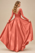 Rutipo Papaya Ball-Gown V-Neck Satin Lace Floor-Length Evening Dresses With Appliques Lace Beading