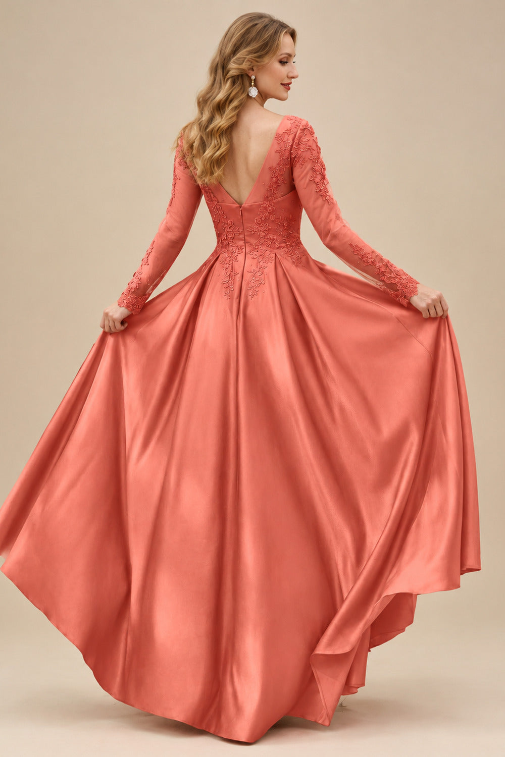 Rutipo Papaya Ball-Gown V-Neck Satin Lace Floor-Length Evening Dresses With Appliques Lace Beading