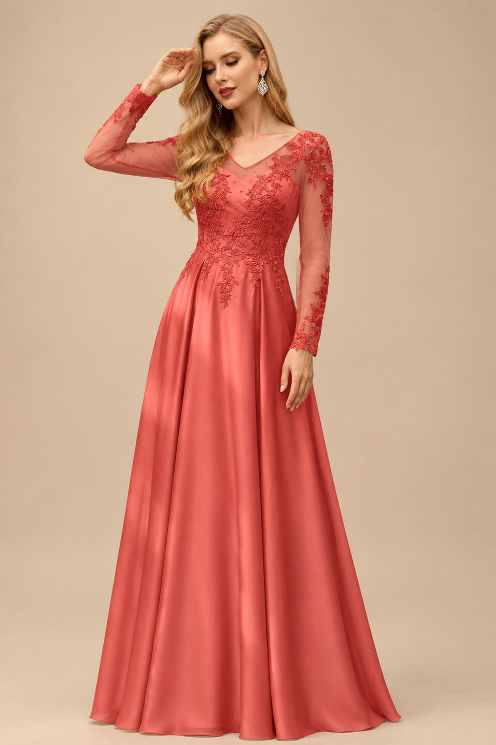 Rutipo Papaya Ball-Gown V-Neck Satin Lace Floor-Length Evening Dresses With Appliques Lace Beading
