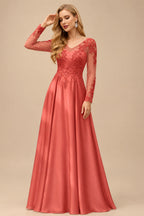 Rutipo Papaya Ball-Gown V-Neck Satin Lace Floor-Length Evening Dresses With Appliques Lace Beading