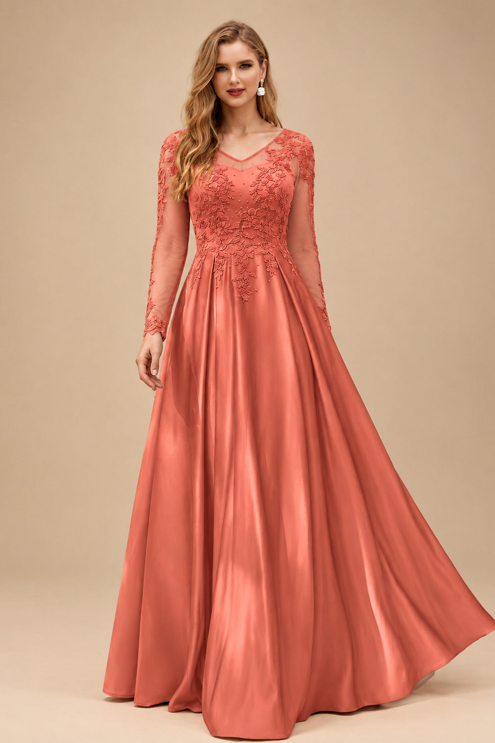 Rutipo Papaya Ball-Gown V-Neck Satin Lace Floor-Length Evening Dresses With Appliques Lace Beading