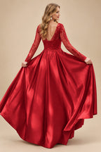 Rutipo Red Ball-Gown V-Neck Satin Lace Floor-Length Evening Dresses With Appliques Lace Beading