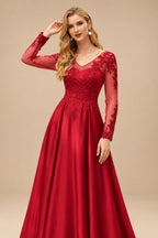 Rutipo Red Ball-Gown V-Neck Satin Lace Floor-Length Evening Dresses With Appliques Lace Beading