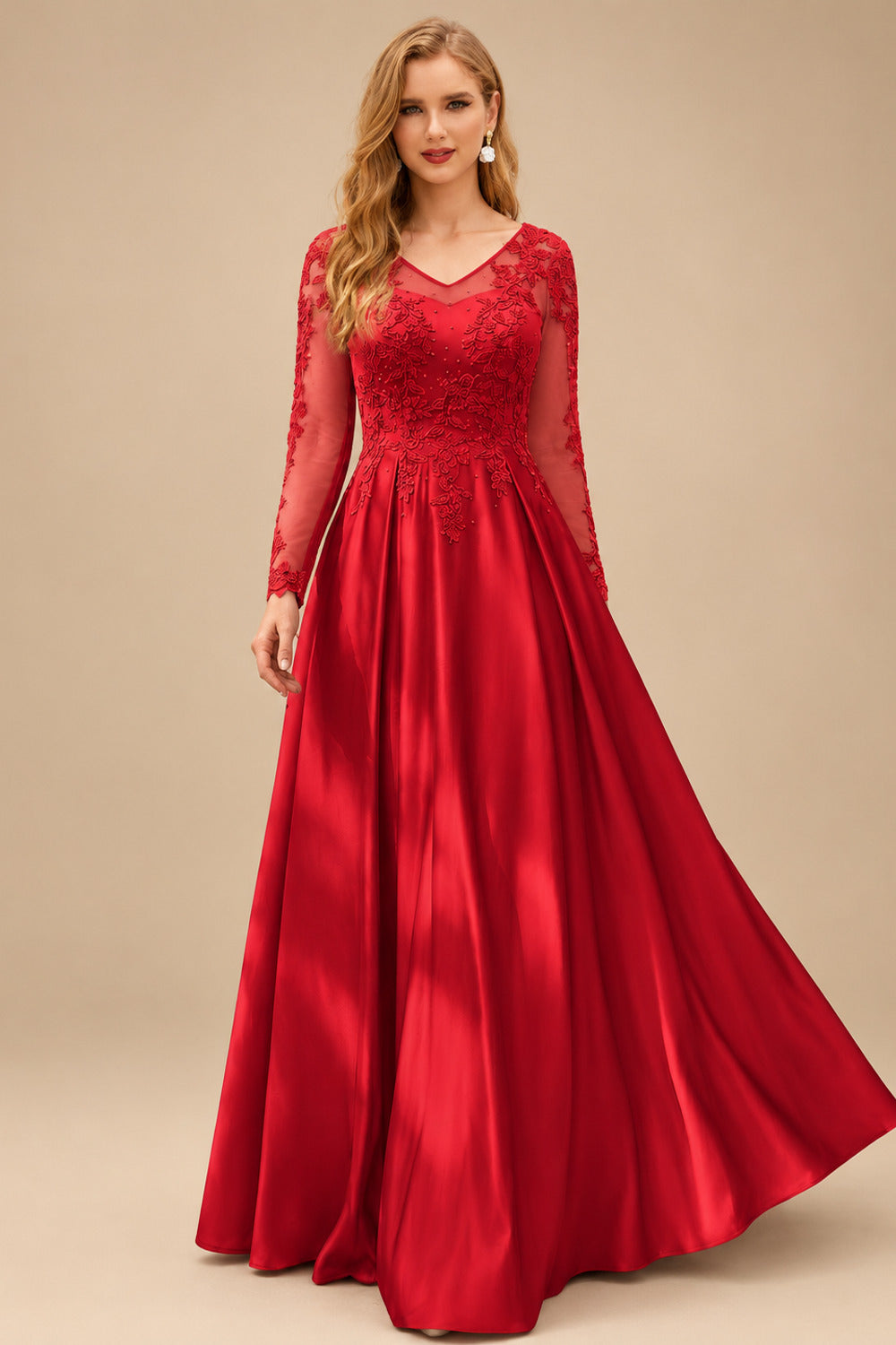 Rutipo Red Ball-Gown V-Neck Satin Lace Floor-Length Evening Dresses With Appliques Lace Beading
