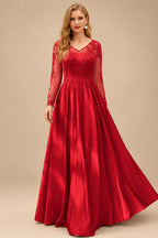 Rutipo Red Ball-Gown V-Neck Satin Lace Floor-Length Evening Dresses With Appliques Lace Beading