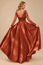 Rutipo Terracotta Ball-Gown V-Neck Satin Lace Floor-Length Evening Dresses With Appliques Lace Beading