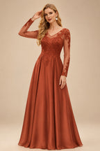 Rutipo Terracotta Ball-Gown V-Neck Satin Lace Floor-Length Evening Dresses With Appliques Lace Beading
