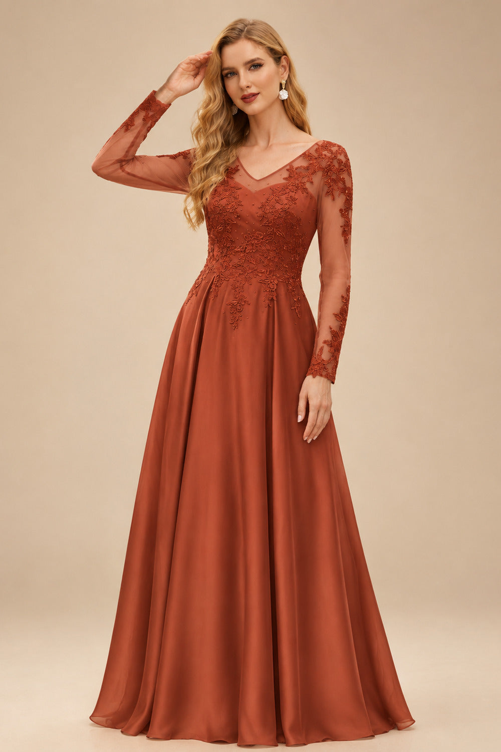 Rutipo Terracotta Ball-Gown V-Neck Satin Lace Floor-Length Evening Dresses With Appliques Lace Beading
