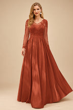 Rutipo Terracotta Ball-Gown V-Neck Satin Lace Floor-Length Evening Dresses With Appliques Lace Beading