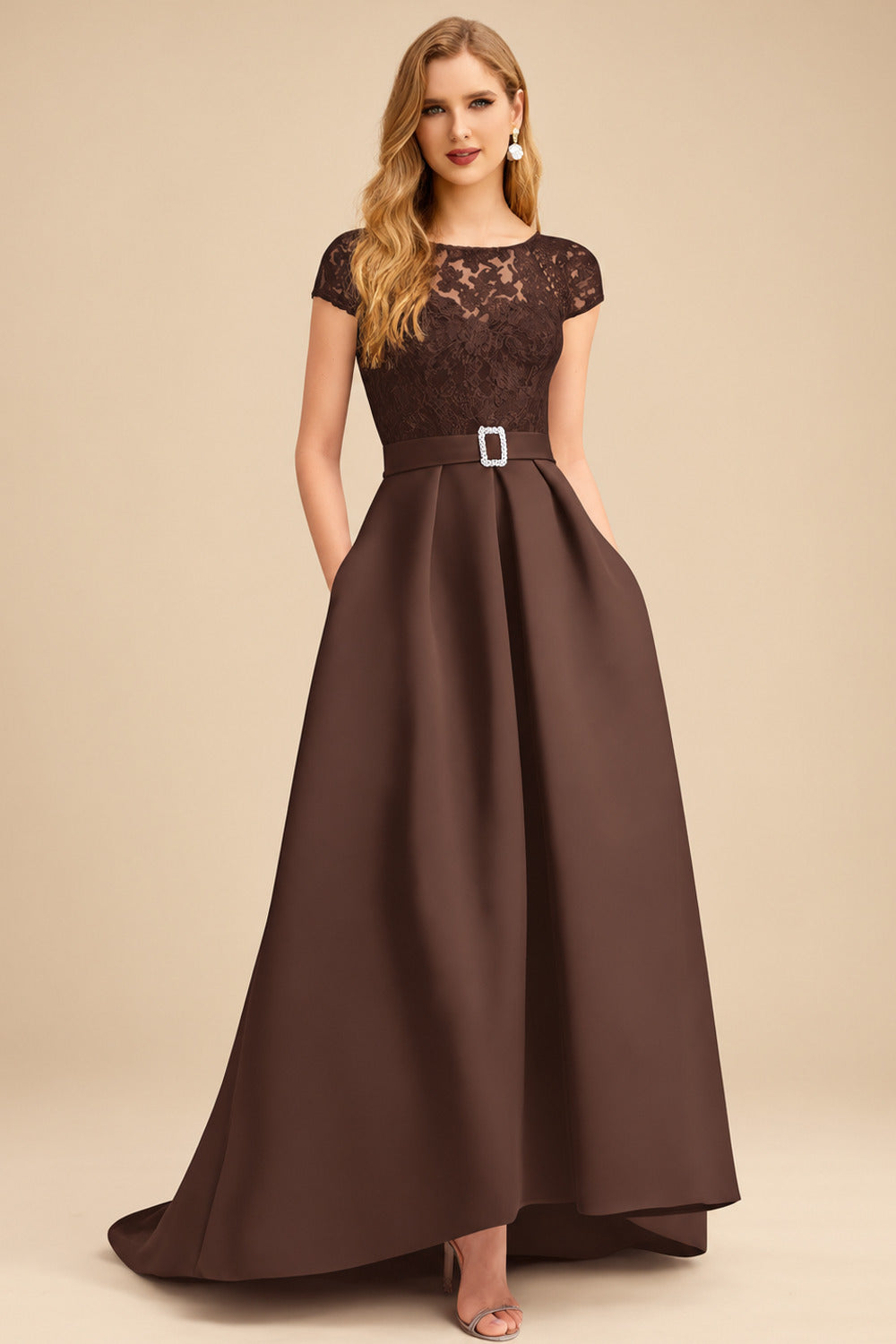 Rutipo Chocolate Lace Elegant A-Line Evening Dresses With Beading Satin