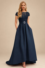 Rutipo Dark Navy Lace Elegant A-Line Evening Dresses With Beading Satin
