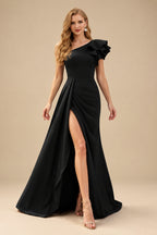 Rutipo Black One-Shoulder A-Line Ruffle Evening Dresses With Elastic Satin