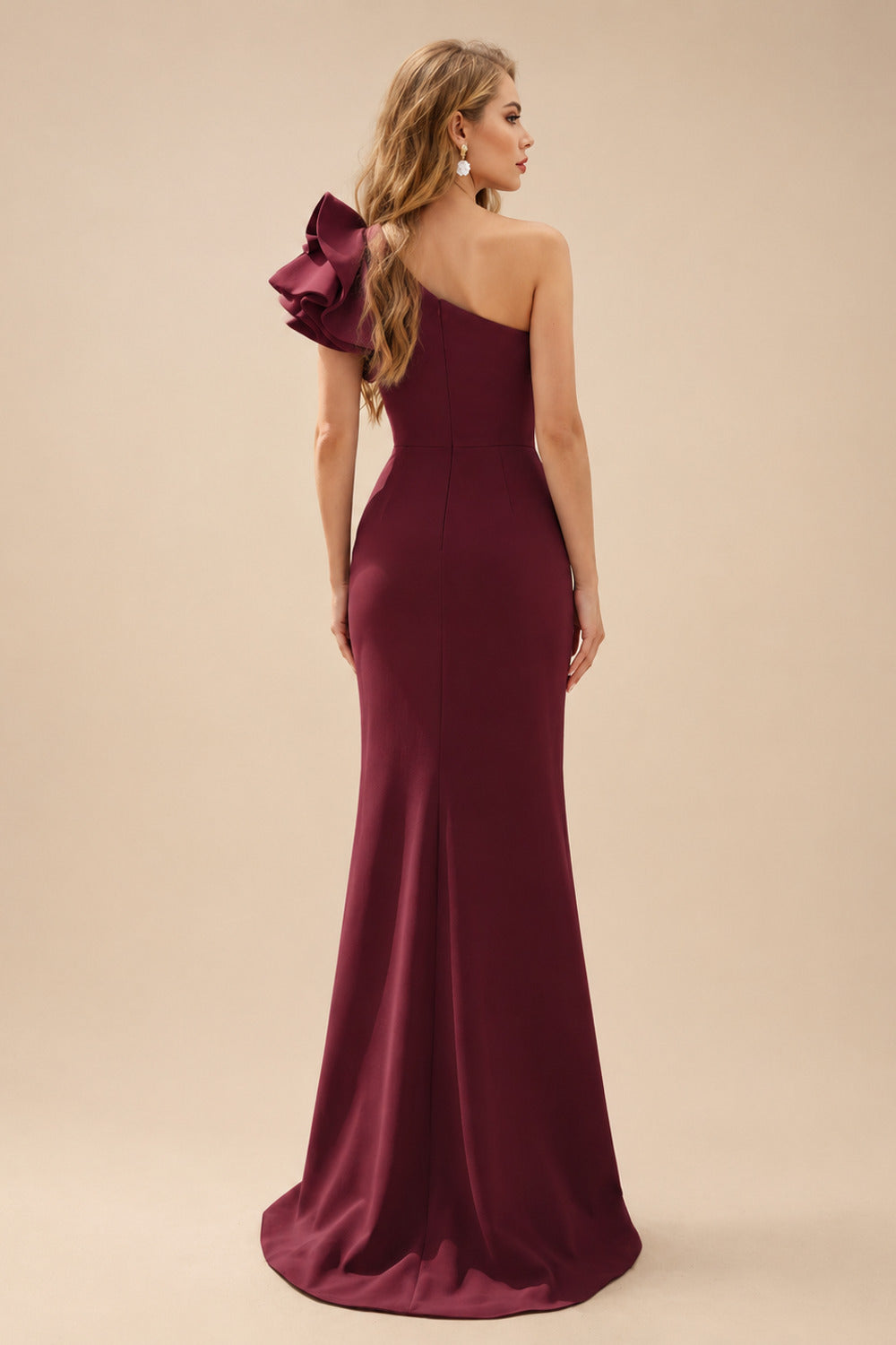 Rutipo Burgundy One-Shoulder A-Line Ruffle Evening Dresses With Elastic Satin