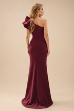 Rutipo Burgundy One-Shoulder A-Line Ruffle Evening Dresses With Elastic Satin