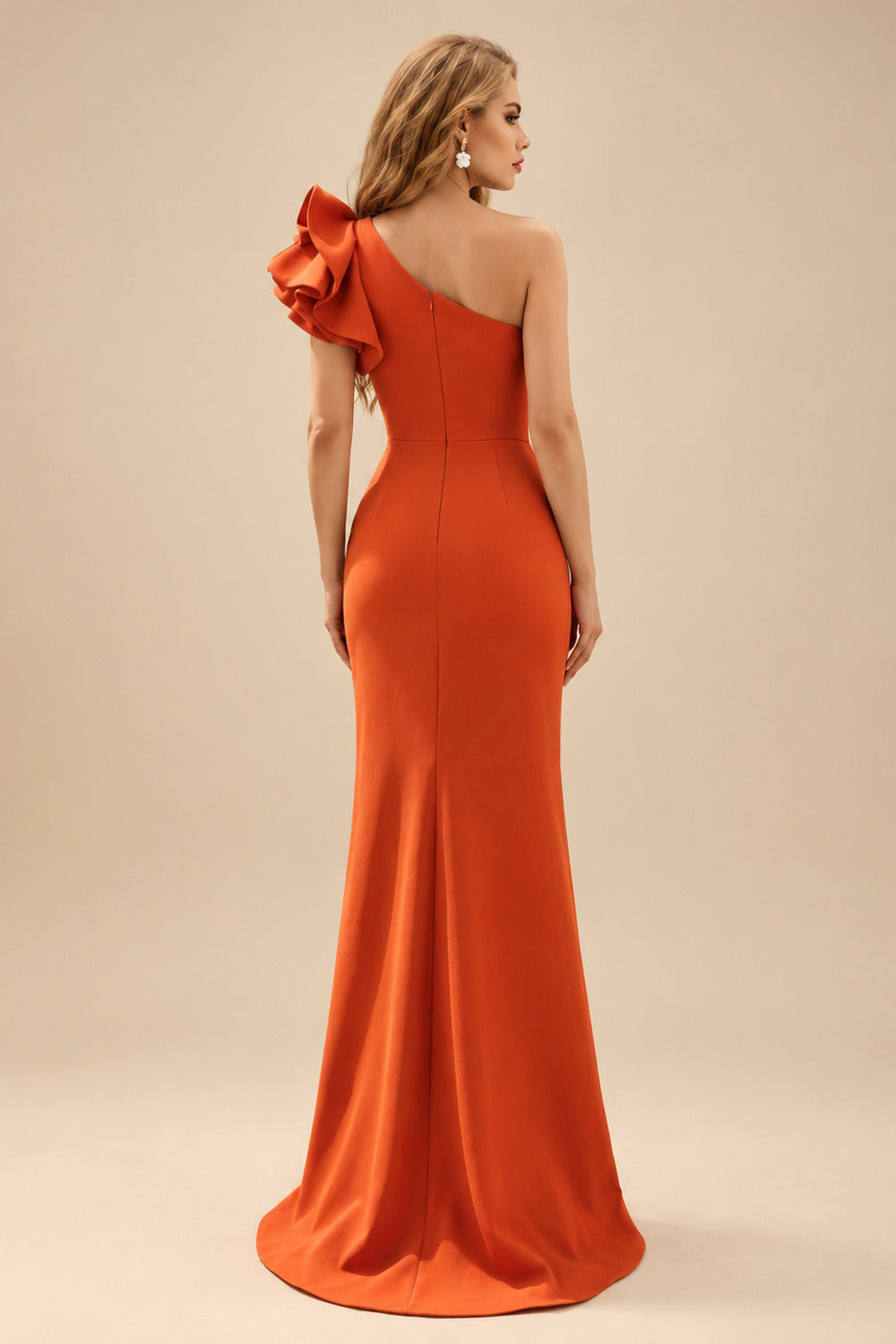 Rutipo Burnt Orange One-Shoulder A-Line Ruffle Evening Dresses With Elastic Satin