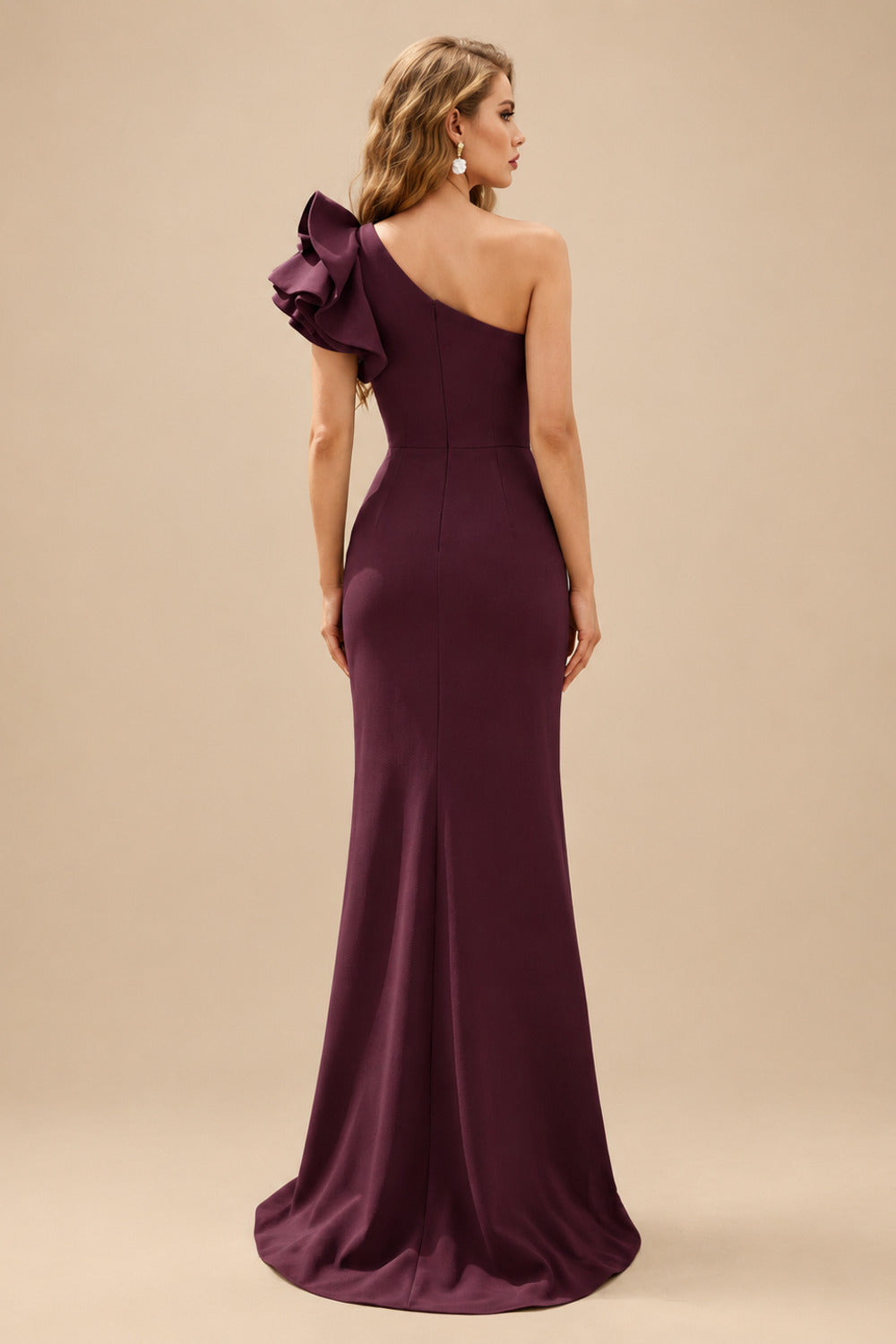 Rutipo Cabernet One-Shoulder A-Line Ruffle Evening Dresses With Elastic Satin