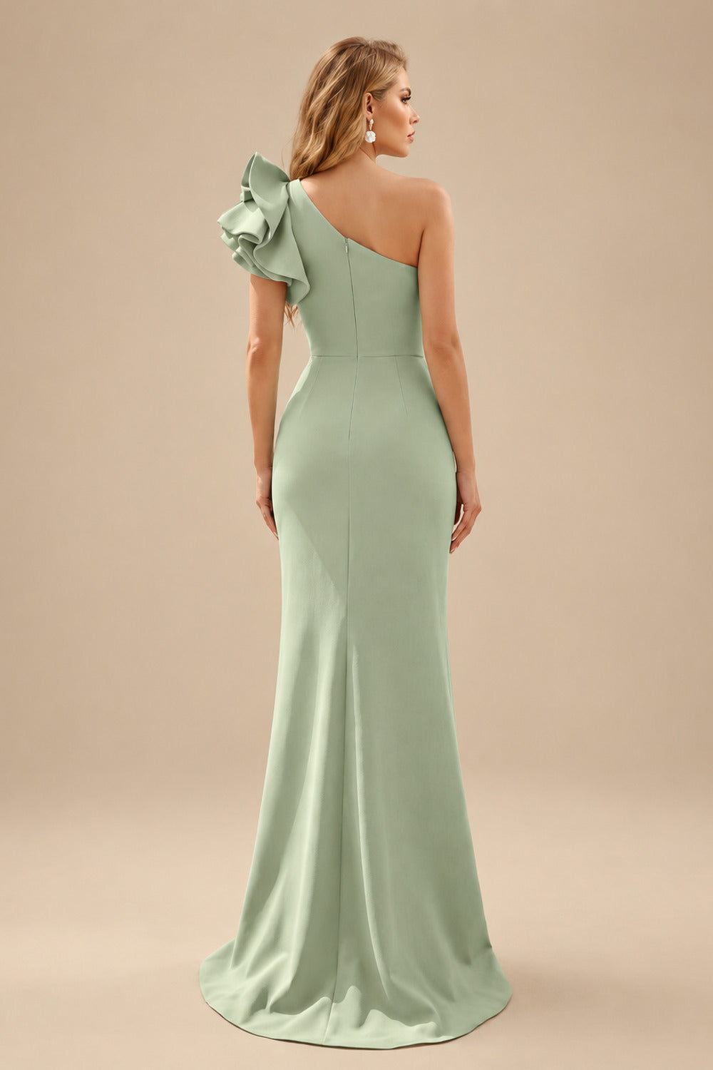 Rutipo Celadon One-Shoulder A-Line Ruffle Evening Dresses With Elastic Satin