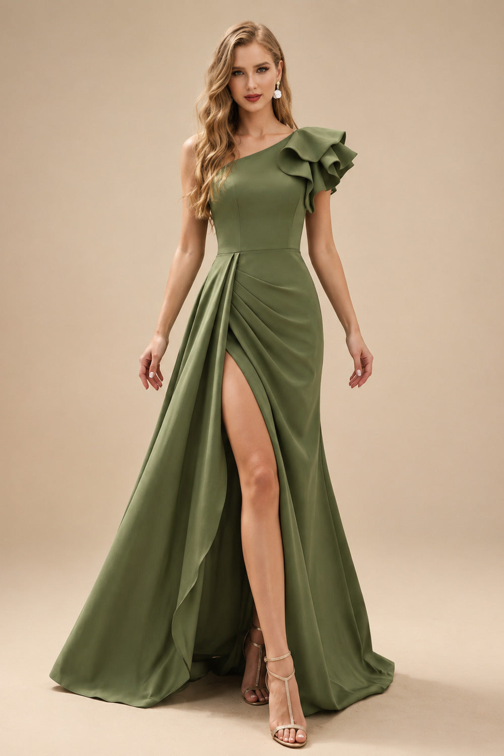 Rutipo Olive Green One-Shoulder A-Line Ruffle Evening Dresses With Elastic Satin